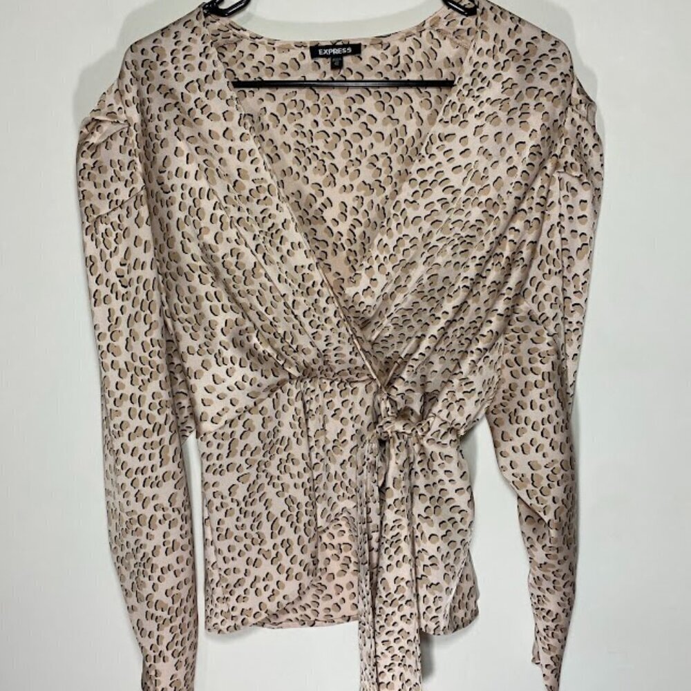 Express Satin Long Sleeve Pattern Tie Blouse
